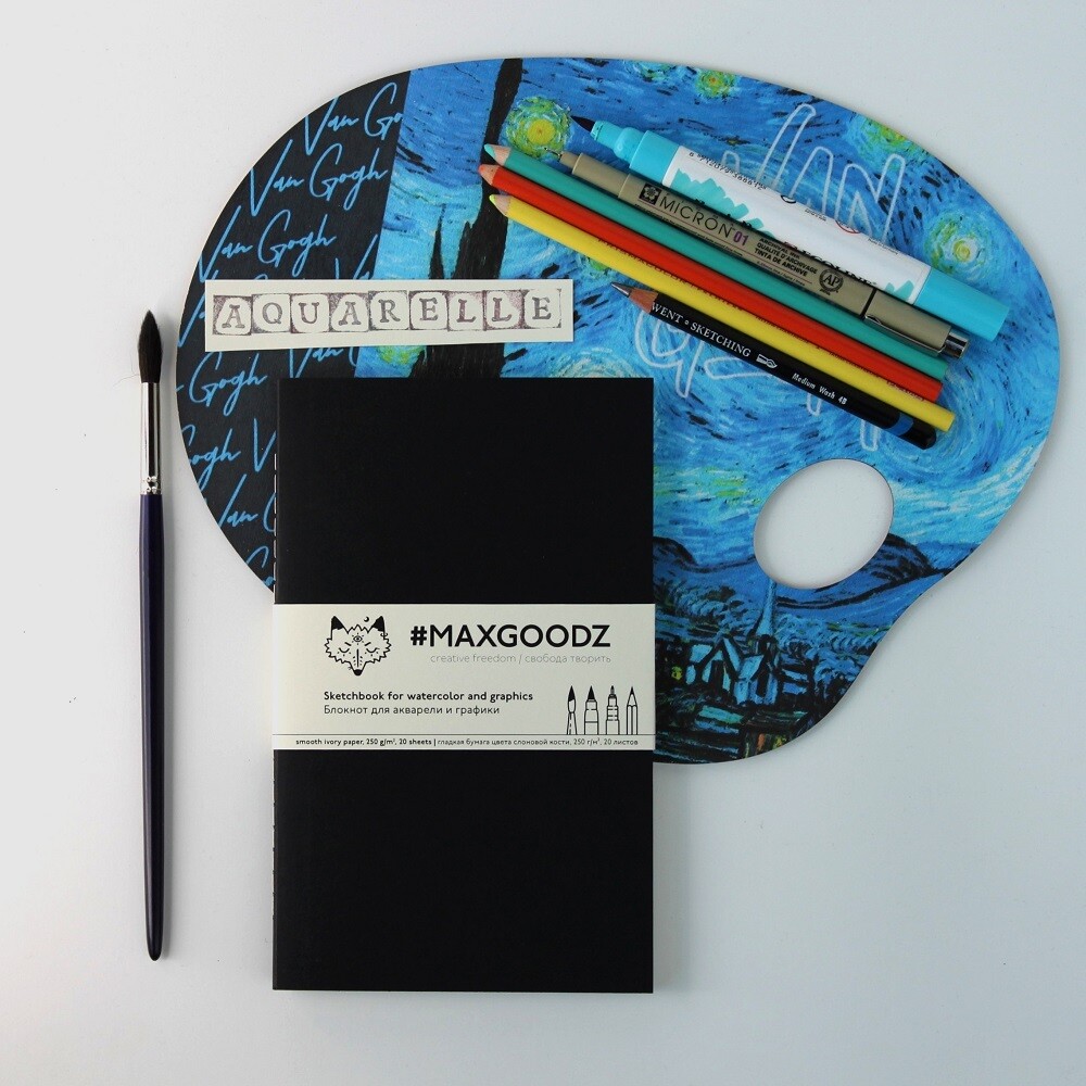 Скетчбук для акварели и графики Maxgoodz Classic Aqua, А5 (13×21см), 20л, 250г/м2, Сшивка, Чёрный